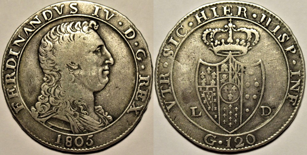 1805 Naples, 120 Grana - Ferdinand IV des Deux-Siciles monnaies europe medievale royaume 1805 naples 120 grana ferdinand iv des deux siciles