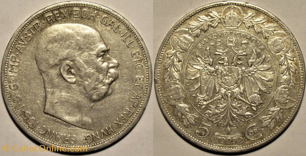 Franz Joseph I - 5 Corona 1909, Austrian Empire monnaies monde autriche franz joseph i 5 corona 1909 austrian empire