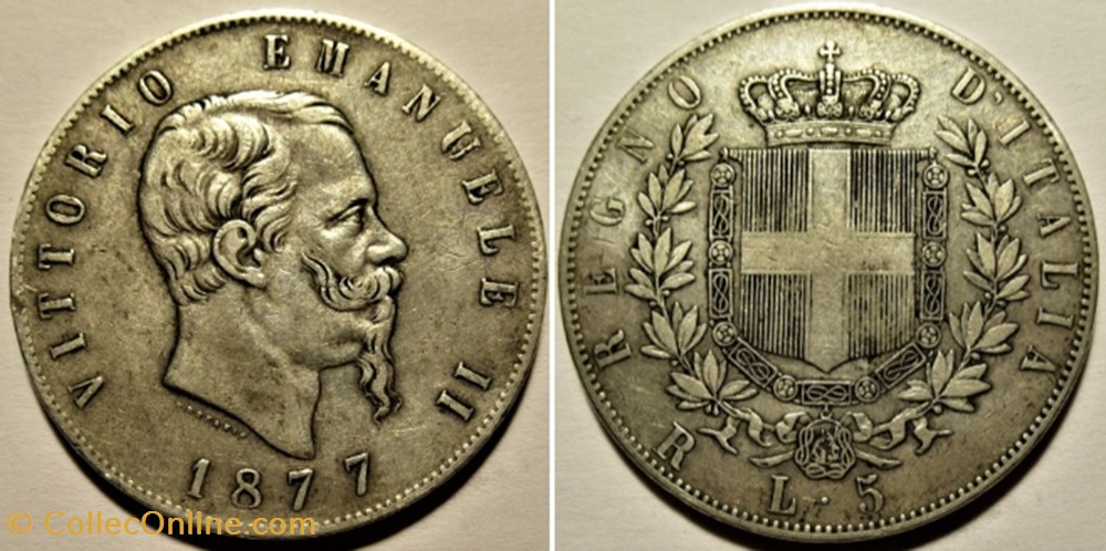 1877 Regno d'Italia, 5 Lire, Roma - Vittorio Emanuele II monnaies monde italie 1877 regno italia 5 lire roma vittorio emanuele ii