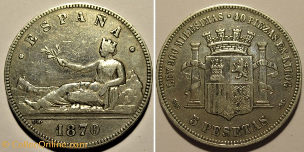 1870 - 5 Pesetas - Provisional Government of Spain monnaies monde espagne 1870 5 pesetas provisional government of spain