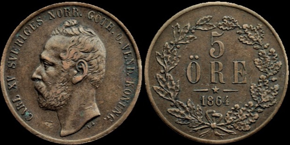 monnaies monde suede sweden carl xv 5 ore 1864