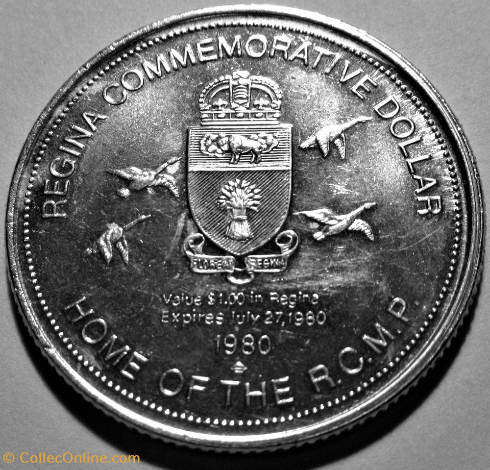Regina 1980 - Louis Riel, Metis Leader - Home of the R.C.M.P. - Local one Dollar 3 monnaies jetons mereaux regina 1980 louis riel metis leader home of the r c m p local one dollar