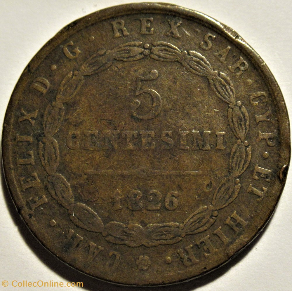 1826 Royaume de Sardaigne, 5 Centesimi P, Torino - Carlo Felice monnaies monde italie 1826 royaume de sardaigne 5 centesimi p torino carlo felice