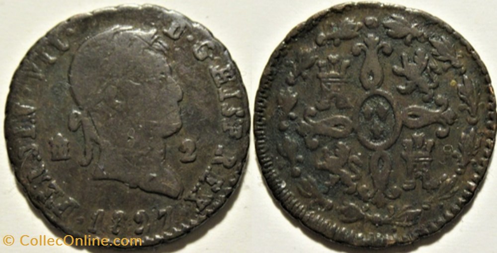 1827 Segovia 2 Maravedis (repunched date) - Fernando VII de España monnaies monde espagne 1827 segovia 2 maravedis repunched date fernando vii de espana