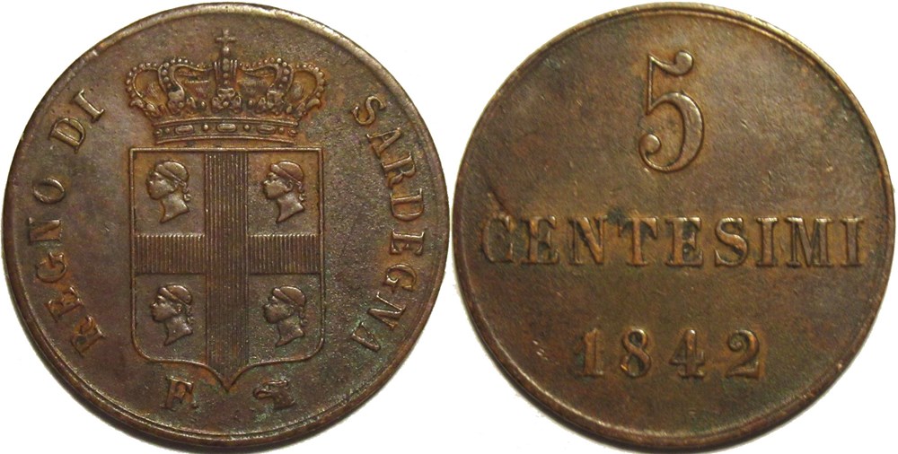 1842 Regno di Sardegna, 5 Centesimi - Carlo Alberto monnaies monde italie 1842 regno di sardegna 5 centesimi carlo alberto
