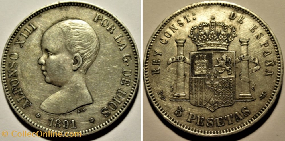 1891 - 5 Pesetas - Alfonso XIII de España monnaies monde espagne 1891 5 pesetas alfonso xiii de espana
