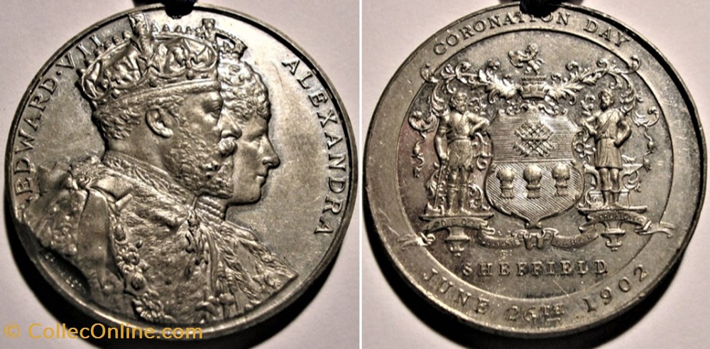 Edward VII & Alexandra - 1902 Coronation Day, Sheffield Medal, England medaille royaume uni edward vii alexandra 1902 coronation day sheffield medal england