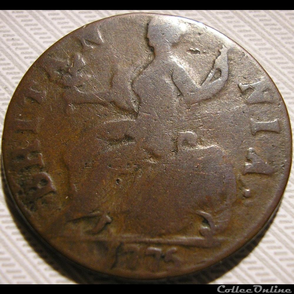 1775 Half Penny No Regal - George III of Great Britain (Ex.9) 4 monnaie monde etat uni 1775 half penny no regal george iii of great britain ex 9
