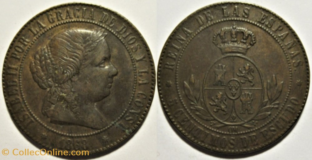 1868 Sevilla - 5 Centimos - Isabel II de España monnaies monde espagne 1868 sevilla 5 centimos isabel ii de espana