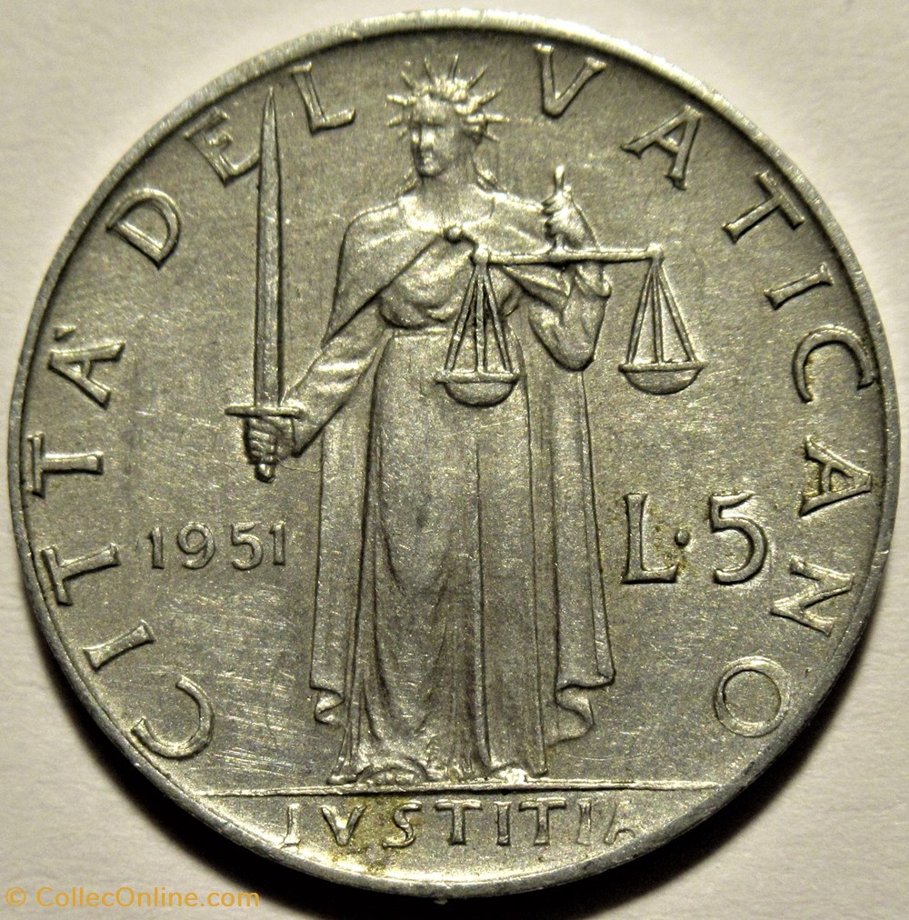 Pio XII, Papa - 5 Lire 1951, Anno XIII - Vaticano 3 monnaies monde pio xii papa 5 lire 1951 anno xiii vaticano