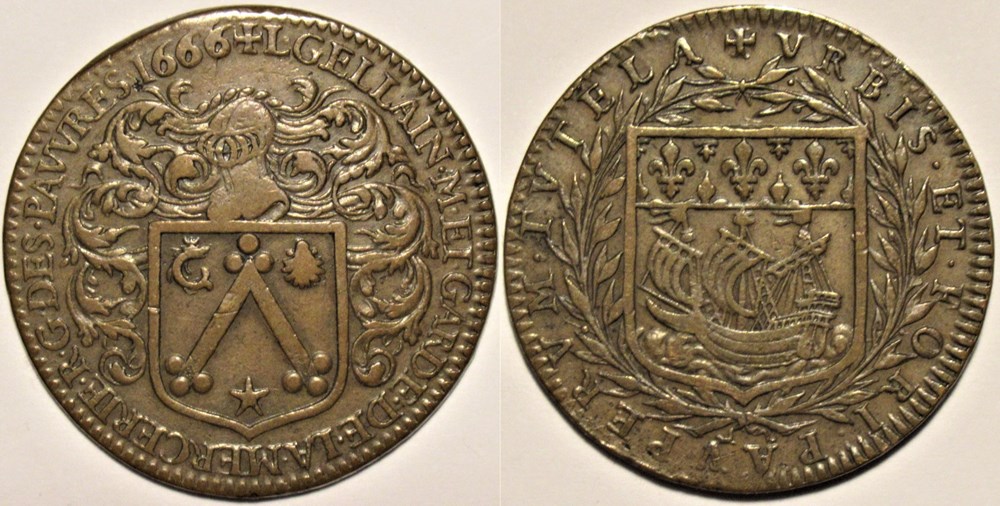 Ville de Paris - Jeton 1666 - L. Gellain, Mercerie des pauvres monnaies paranumismatique jetons poids ville de paris jeton 1666 l gellain mercerie des pauvres