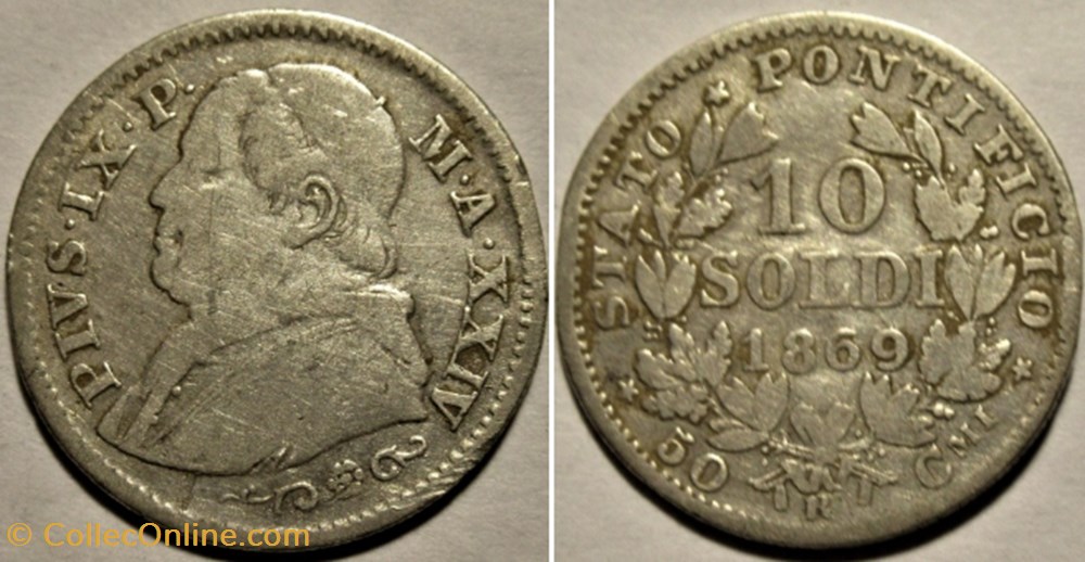 Pio IX, Pope - 10 Soldi 1869, Anno XXIV - Vaticano monnaies monde pio ix pope 10 soldi 1869 anno xxiv vaticano