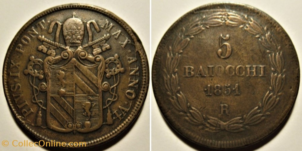 Pio IX, Pope - 5 Baiocchi 1851, Anno VI - Vaticano - Die Crack monnaies monde pio ix pope 5 baiocchi 1851 anno vi vaticano die crack
