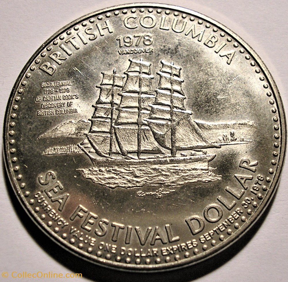 Vancouver, British Columbia - One Dollar Token 1978 - Bicentennial of Captain Cook 3 monnaie jeton mereaux vancouver british columbia one dollar token 1978 bicentennial of captain cook