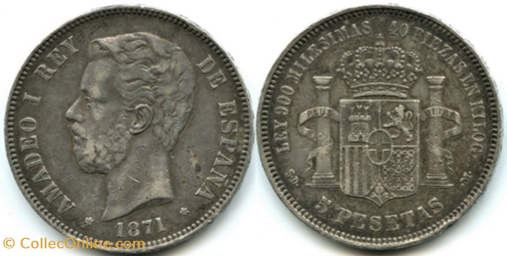 1871 - 5 Pesetas - Amadeo I de España monnaies monde espagne 1871 5 pesetas amadeo i de espana