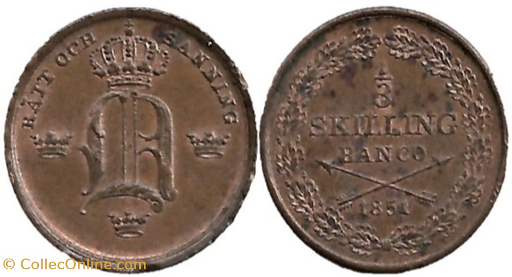 Sweden - Oscar I - 1/3 Skilling 1851 monnaies monde suede sweden oscar i 1 3 skilling 1851