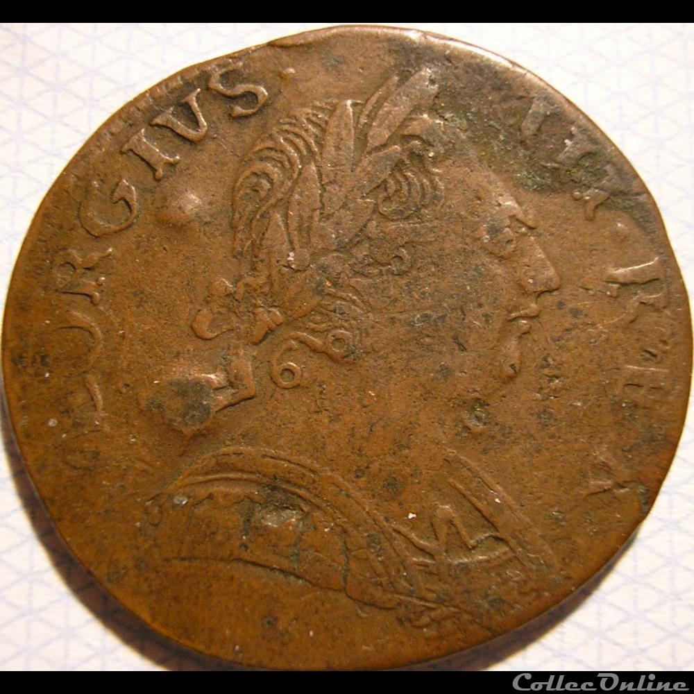 1775 Half Penny No Regal - George III of Great Britain (Ex.3) monnaie monde etat uni 1775 half penny no regal george iii of great britain ex 3