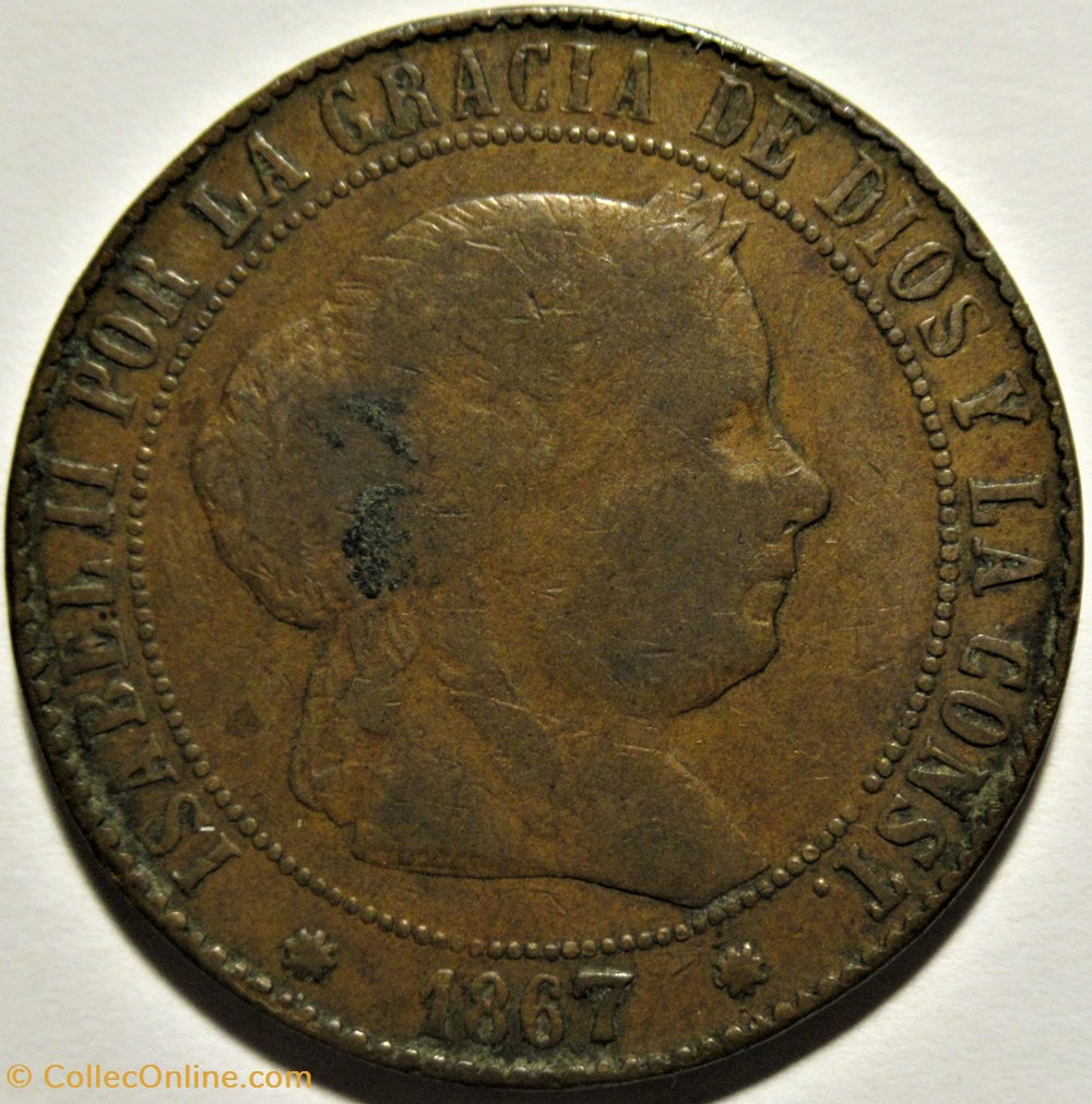 1867 Barcelona - 5 Centimos - Isabel II de España 2 monnaies monde espagne 1867 barcelona 5 centimos isabel ii de espana