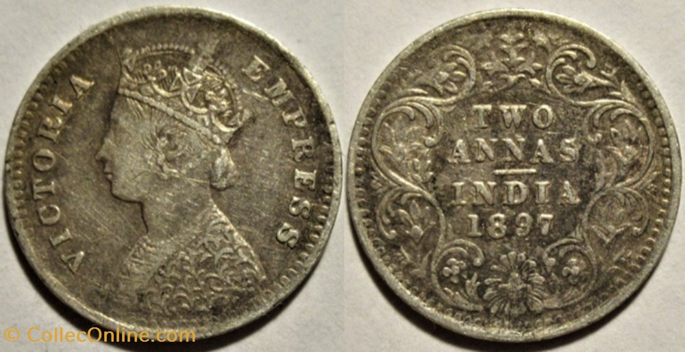 Victoria - Two Annas 1897 Calcutta - British India (ex.2) monnaies monde inde victoria two annas 1897 calcutta british india ex 2