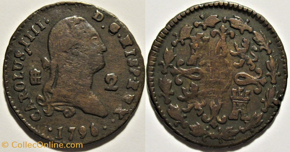 monnaies monde espagne 1796 overdate 2 maravedis segovia carlos iv de espana