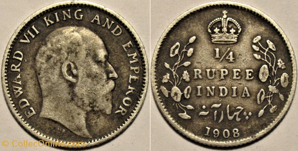 Edward VII - 1/4 Rupee 1908 Calcutta - Empire of India monnaies monde inde edward vii 1 4 rupee 1908 calcutta empire of india