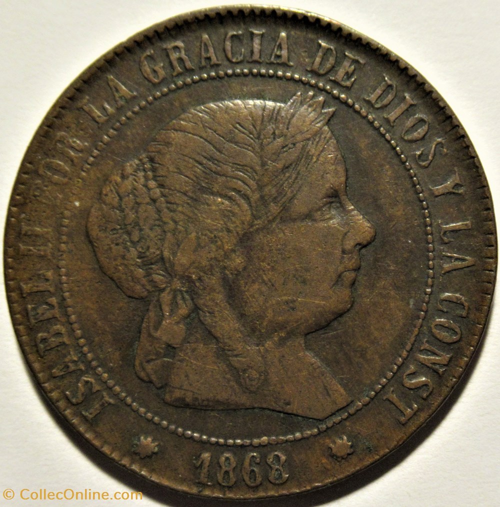 monnaies monde espagne 1868 barcelona 5 centimos isabel ii de espana rippled coin