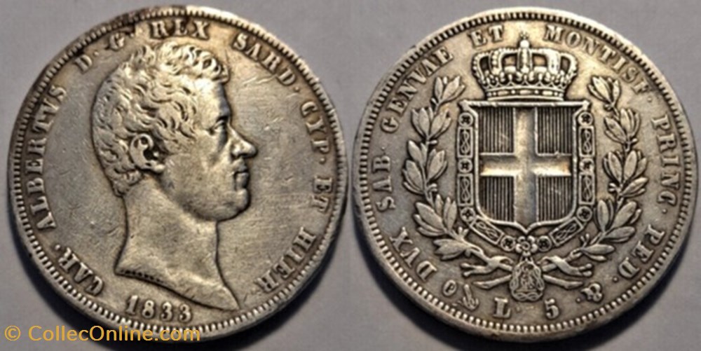 1833 Regno di Sardegna - 5 Lire, Genova - Carlo Alberto di Savoia monnaies monde italie 1833 regno di sardegna 5 lire genova carlo alberto di savoia