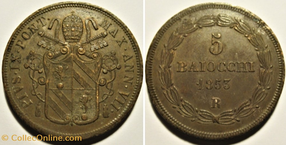 monnaies monde pio ix papa 5 baiocchi 1853 anno vii vaticano