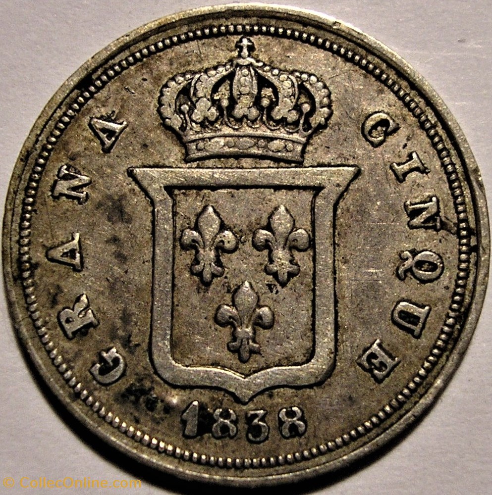 1838 Royaume de Naples, 5 Grana / Mezzo Carlino - Ferdinando II (ex.2) monnaies monde italie 1838 royaume de naples 5 grana mezzo carlino ferdinando ii ex 2