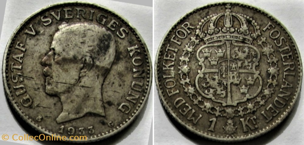 Gustaf V of Sweden - 1 Krona 1933 monnaies monde suede gustaf v of sweden 1 krona 1933