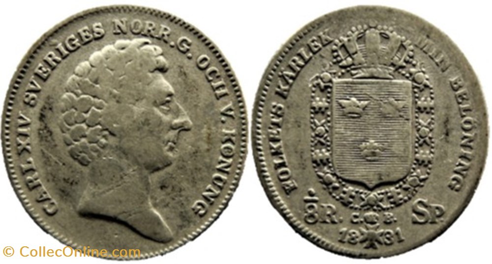 Sweden - Karl XIV Johan - ⅛ Riksdaler Specie 1831 monnaies monde suede sweden karl xiv johan riksdaler specie 1831