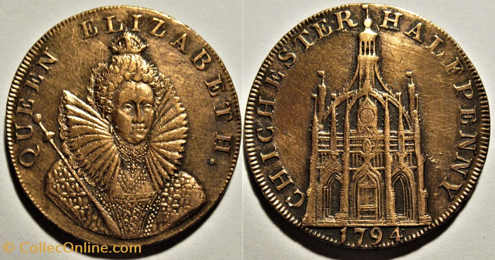 1794 HalfPenny - Elizabeth I, Chichester, Sussex, England (ex.2) monnaies monde royaume uni 1794 halfpenny elizabeth i chichester sussex england ex 2