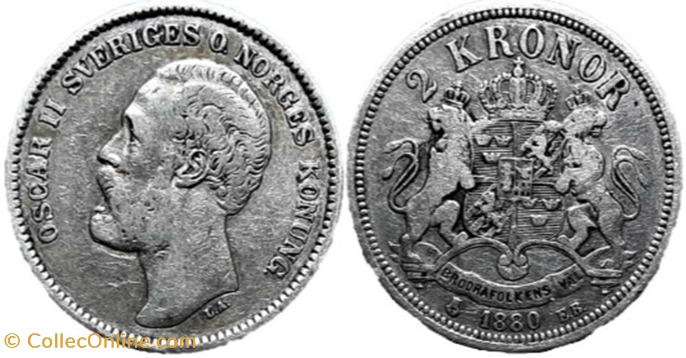 monnaies monde suede sweden oskar ii 2 kronor 1880