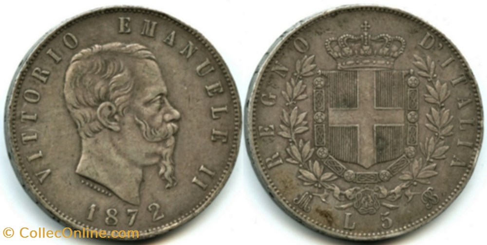 1872 Regno d'Italia - 5 Lire, Milano- Vittorio Emanuele II monnaies monde italie 1872 regno italia 5 lire milano vittorio emanuele ii