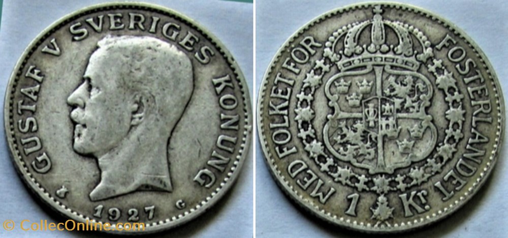 Gustaf V of Sweden - 1 Krona 1927 monnaies monde suede gustaf v of sweden 1 krona 1927