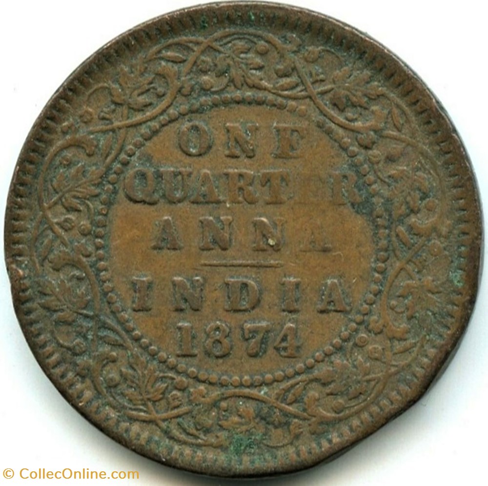 Victoria - One Quarter Anna 1874 Calcutta - British India 3 monnaies monde inde victoria one quarter anna 1874 calcutta british india