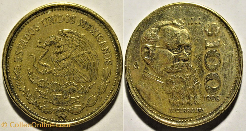 monnaies monde mexique mexico 1988 100 pesos v carranza garza e u mexicanos