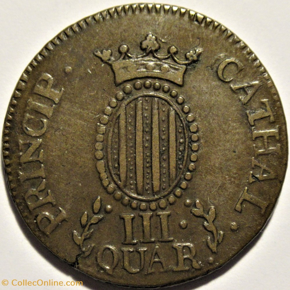 1811 Cataluña - 3 Quartos - Fernando VII de España monnaies europe medievale principaute catalogne 1811 cataluna 3 quartos fernando vii de espana