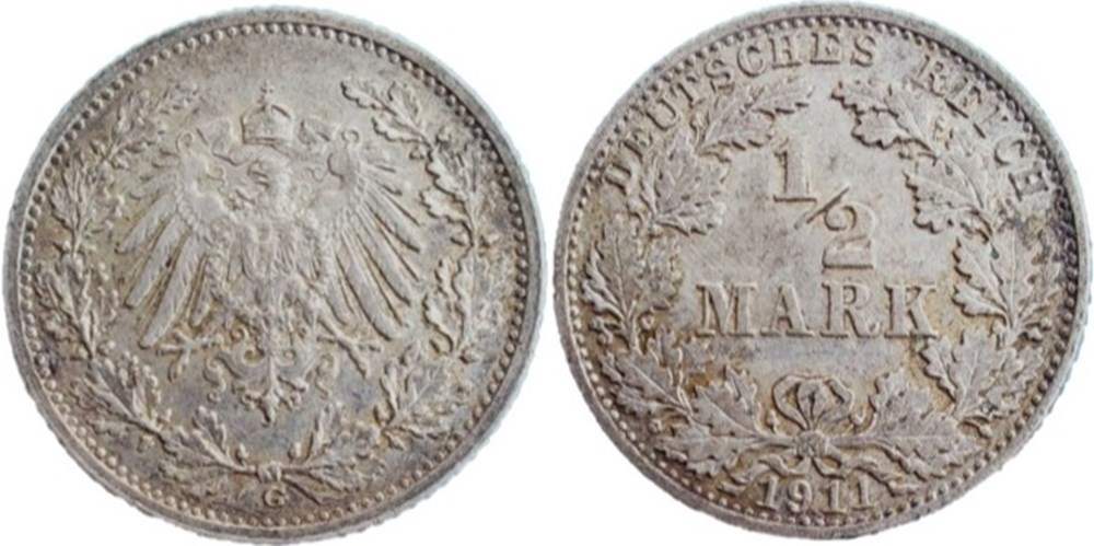 Wilhelm II - 1/2 Mark 1911, Karlsruhe - German Empire monnaies monde allemagne wilhelm ii 1 2 mark 1911 karlsruhe german empire