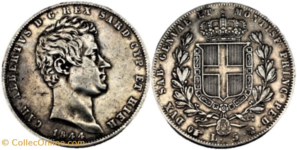 1844 Regno di Sardegna - 5 Lire, Torino - Carlo Alberto di Savoia monnaies monde italie 1844 regno di sardegna 5 lire torino carlo alberto di savoia