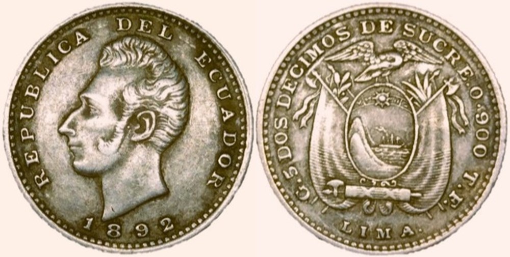 monnaies monde equateur ecuador 2 decimos 1892 overdate