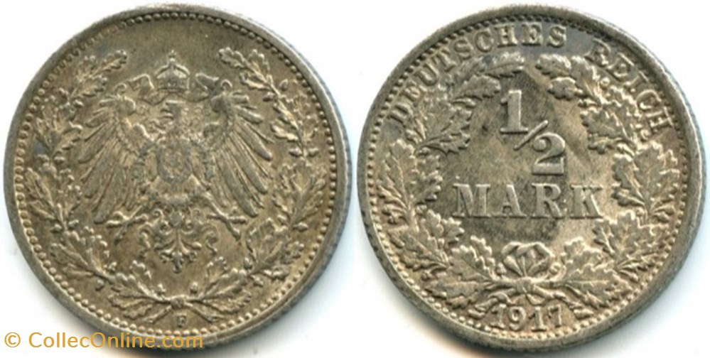 Wilhelm II - 1/2 Mark 1917 Stuttgart, German Empire monnaies monde allemagne wilhelm ii 1 2 mark 1917 stuttgart german empire