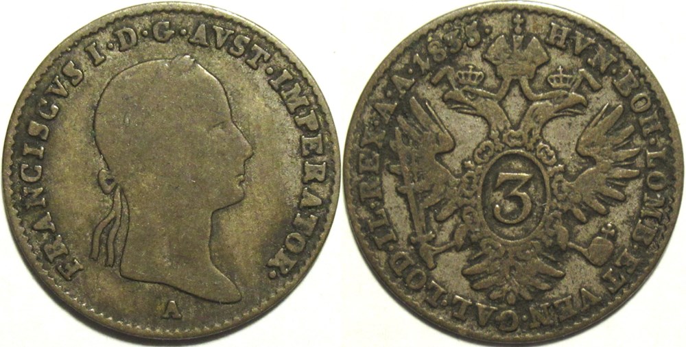 1835 Wien 3 Kreuzer - Franz I of Austria monnaies monde autriche 1835 wien 3 kreuzer franz i of austria