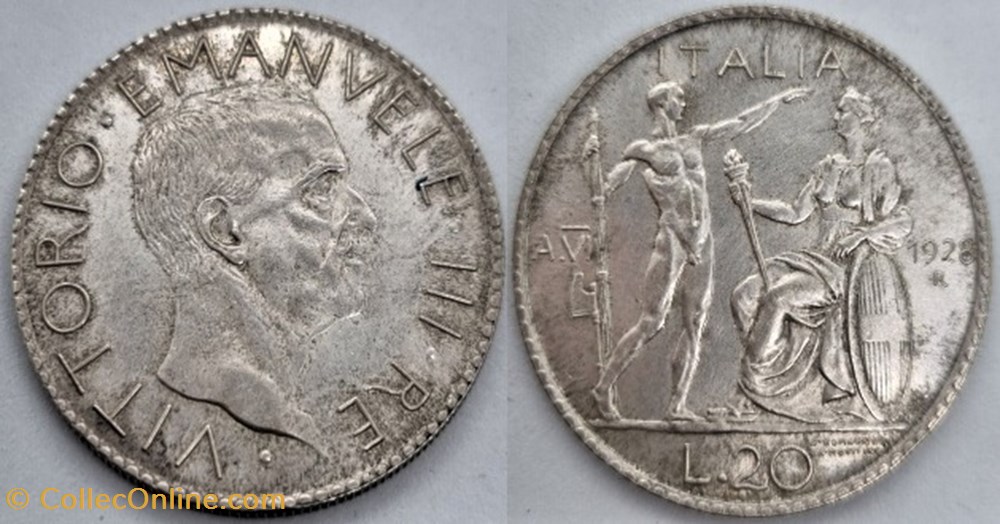 1928 Regno d'Italia, 20 Lire, Roma - Vittorio Emanuele III monnaies monde italie 1928 regno italia 20 lire roma vittorio emanuele iii