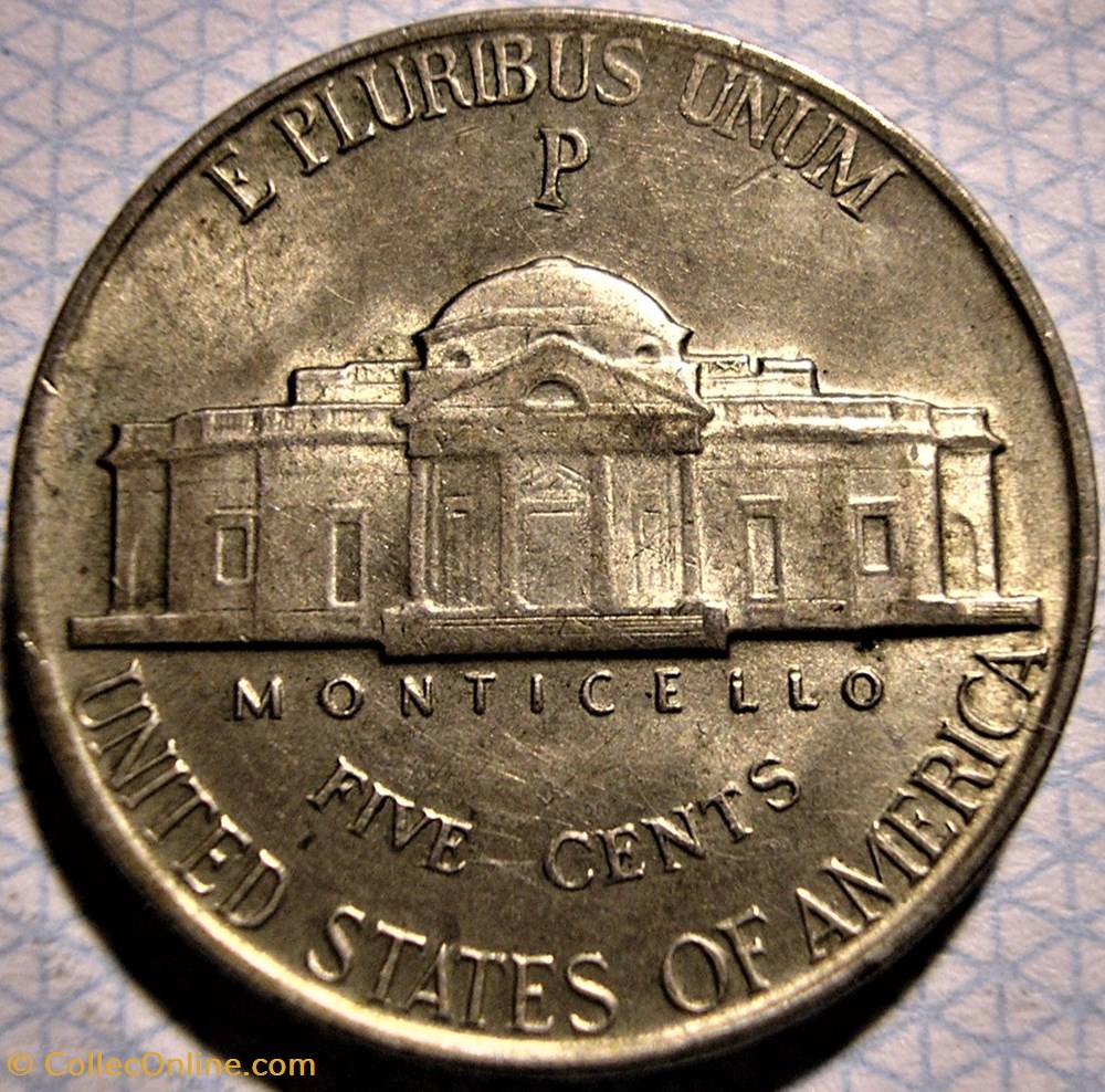 1944 Five Cents Phildelphia ("Jefferson Wartime Nickel", 1st Portrait) 3 monnaies monde etats unis 1944 five cents phildelphia jefferson wartime nickel 1st portrait