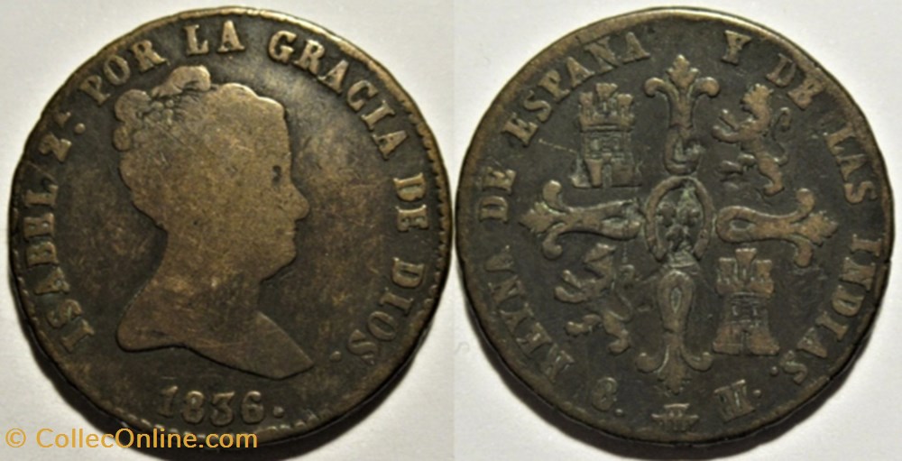 1836 Segovia, 8 Maravedis - Isabel II España monnaies monde espagne 1836 segovia 8 maravedis isabel ii espana