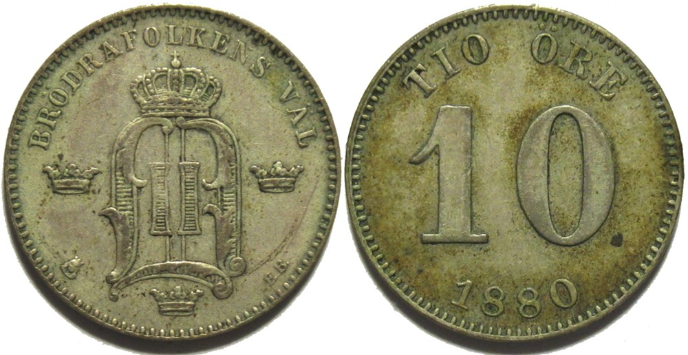 Oskar II of Sweden - 10 Öre 1880 monnaies monde suede oskar ii of sweden 10 ore 1880