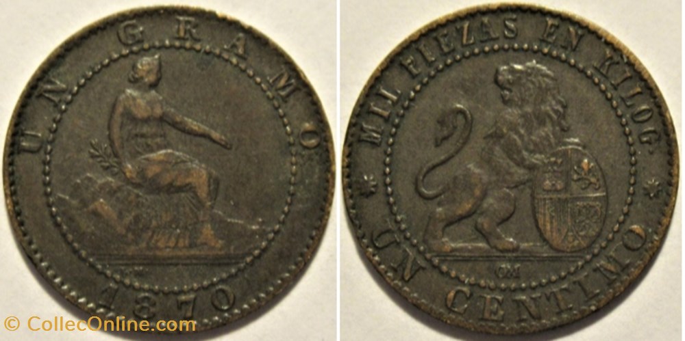 1870 - 1 Centimo - Gobierno Provisional monnaies monde espagne 1870 1 centimo gobierno provisional