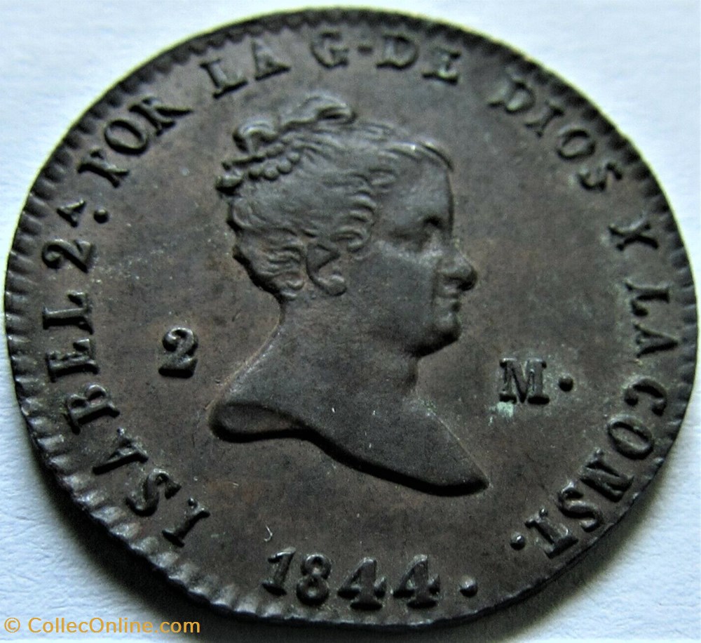 1844 Segovia, 2 Maravedis - Isabel II España 2 monnaies monde espagne 1844 segovia 2 maravedis isabel ii espana
