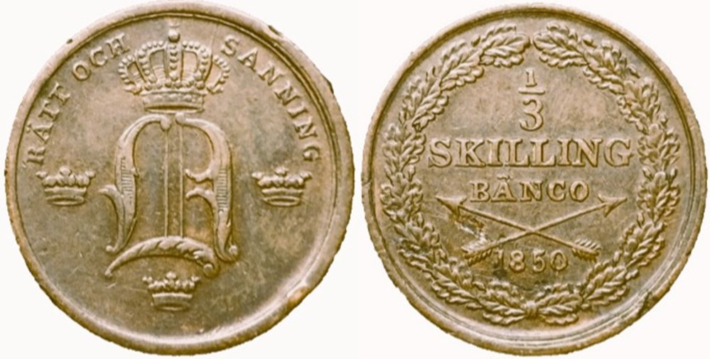 Sweden - Oscar I - 1/3 Skilling Bänco 1850 (Error) monnaies monde suede sweden oscar i 1 3 skilling banco 1850 error